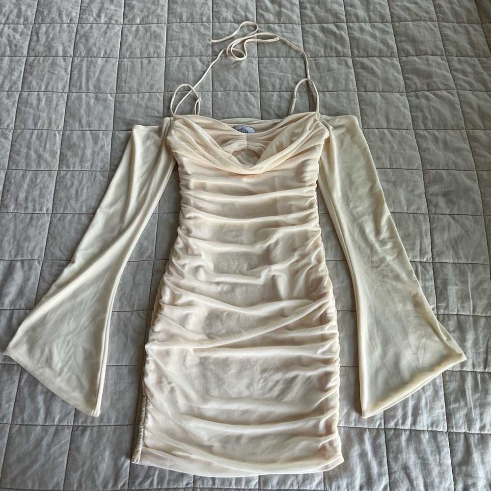 Princess Polly Cream Ruched Long Sleeve Dress